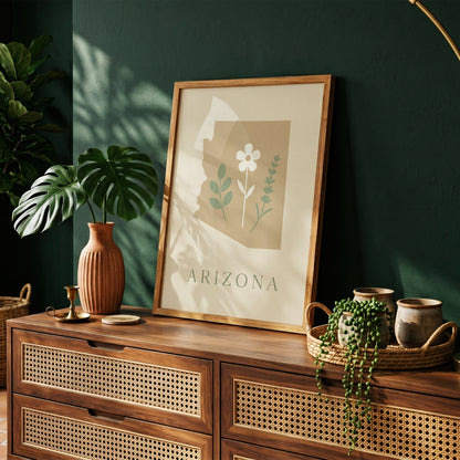 Arizona State Map Silhouette Botanical Art Print