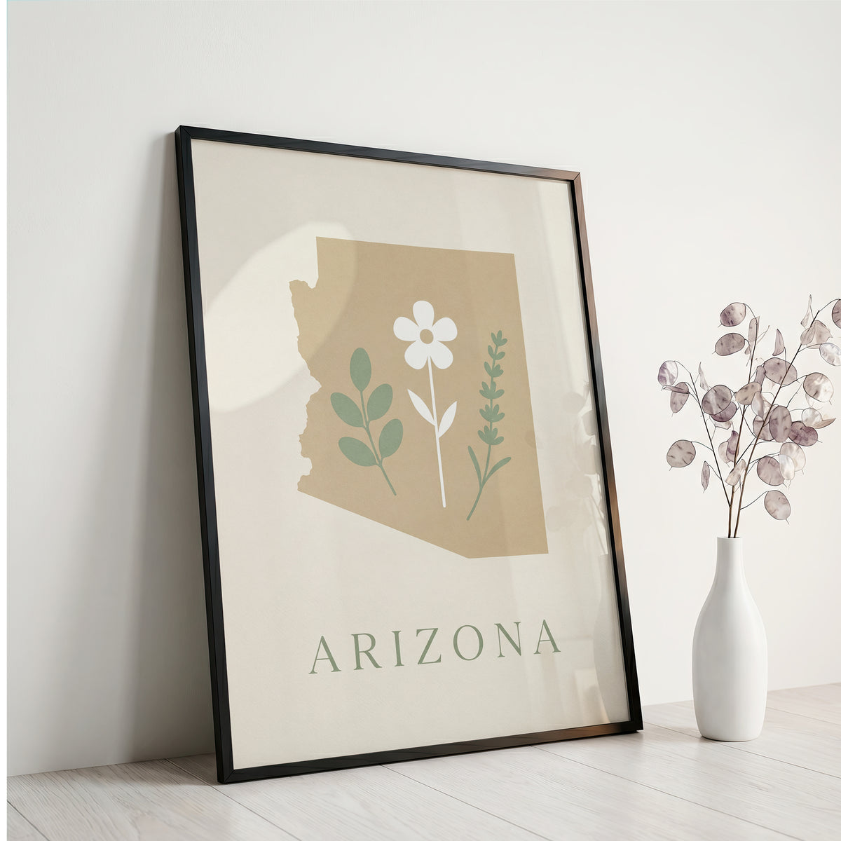 Arizona State Map Silhouette Botanical Art Print
