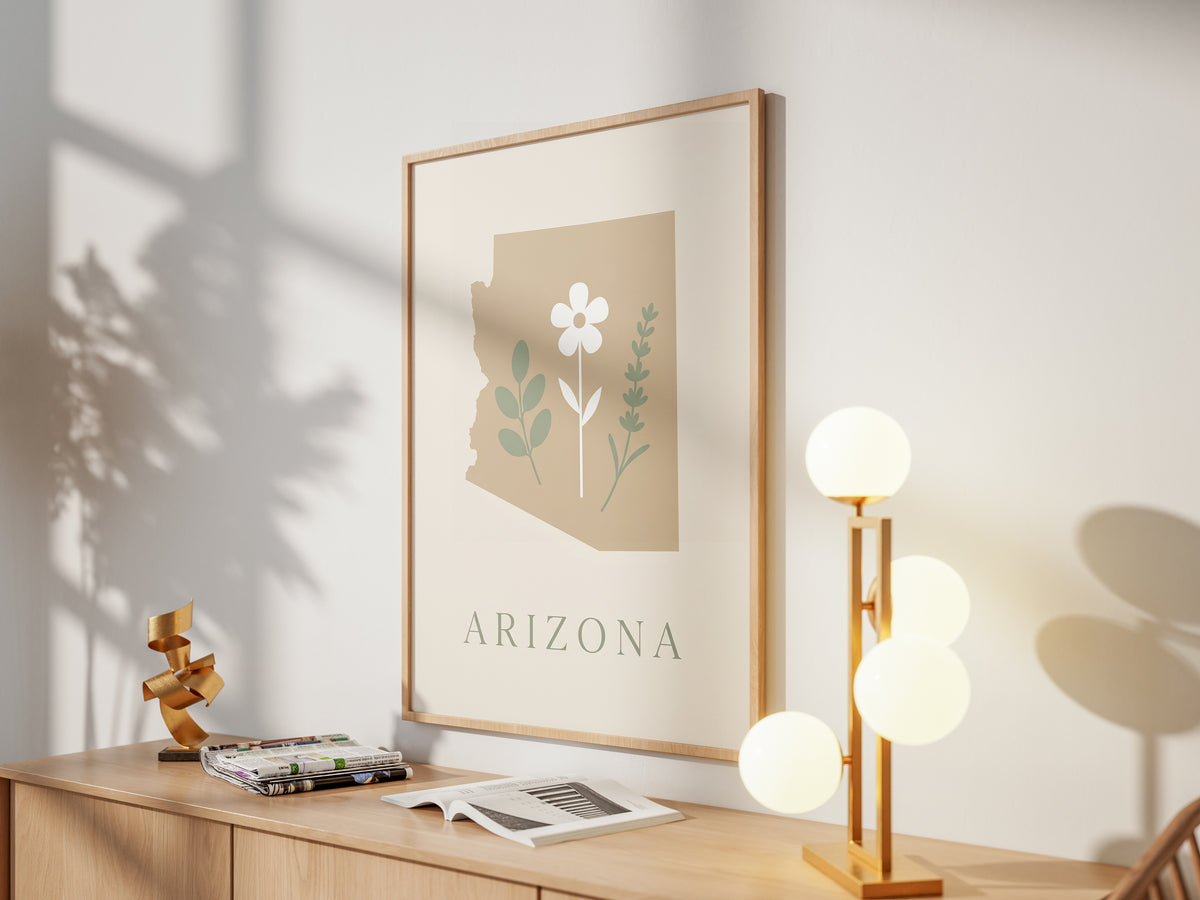 Arizona State Map Silhouette Botanical Art Print