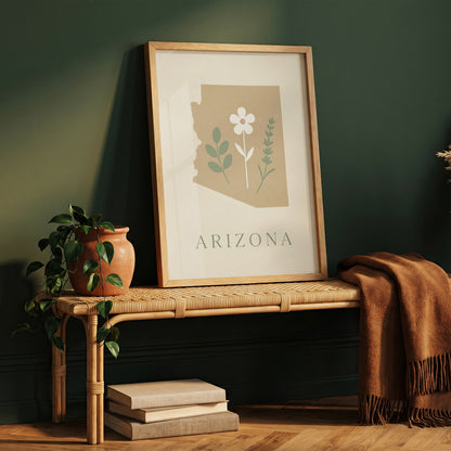 Arizona State Map Silhouette Botanical Art Print