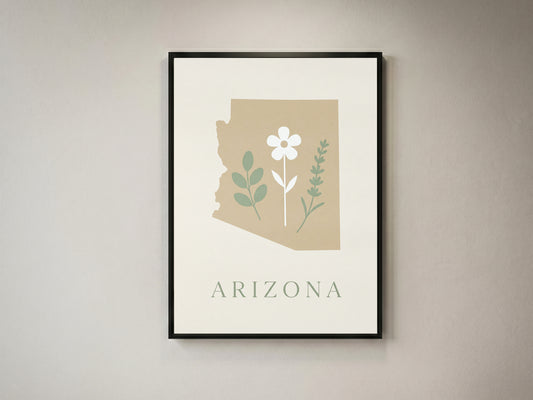Arizona State Map Silhouette Botanical Art Print