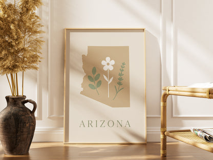 Arizona State Map Silhouette Botanical Art Print