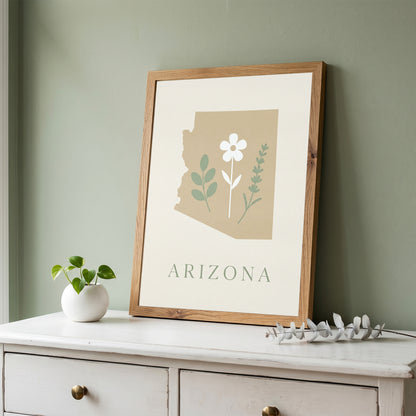 Arizona State Map Silhouette Botanical Art Print
