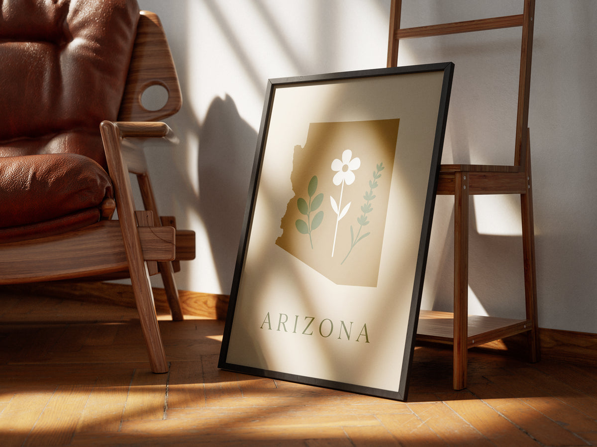 Arizona State Map Silhouette Botanical Art Print