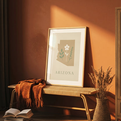 Arizona State Map Silhouette Botanical Art Print