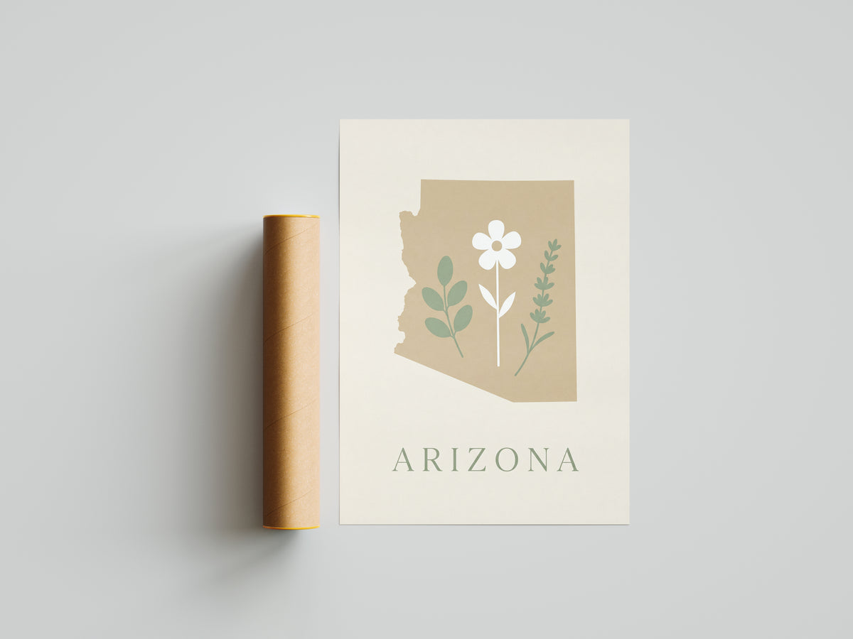 Arizona State Map Silhouette Botanical Art Print