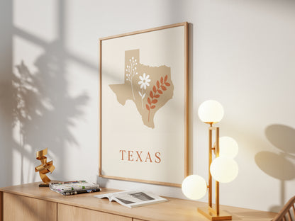 Texas State Map Silhouette Wildflower Art Print