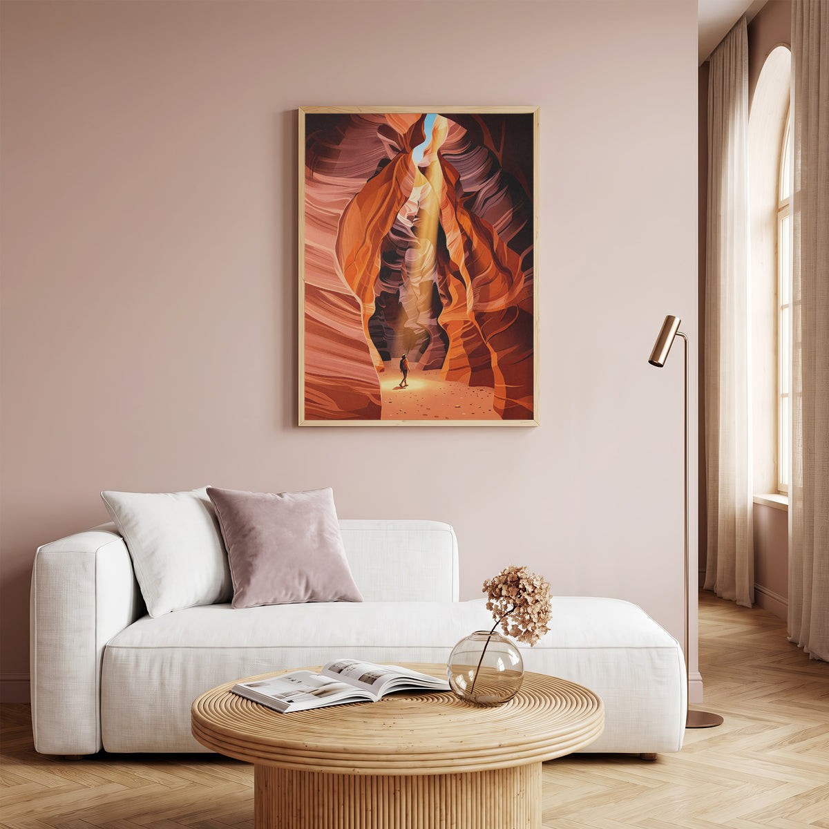 Antelope Canyon Hiker Under Sunlight Beam Art Print