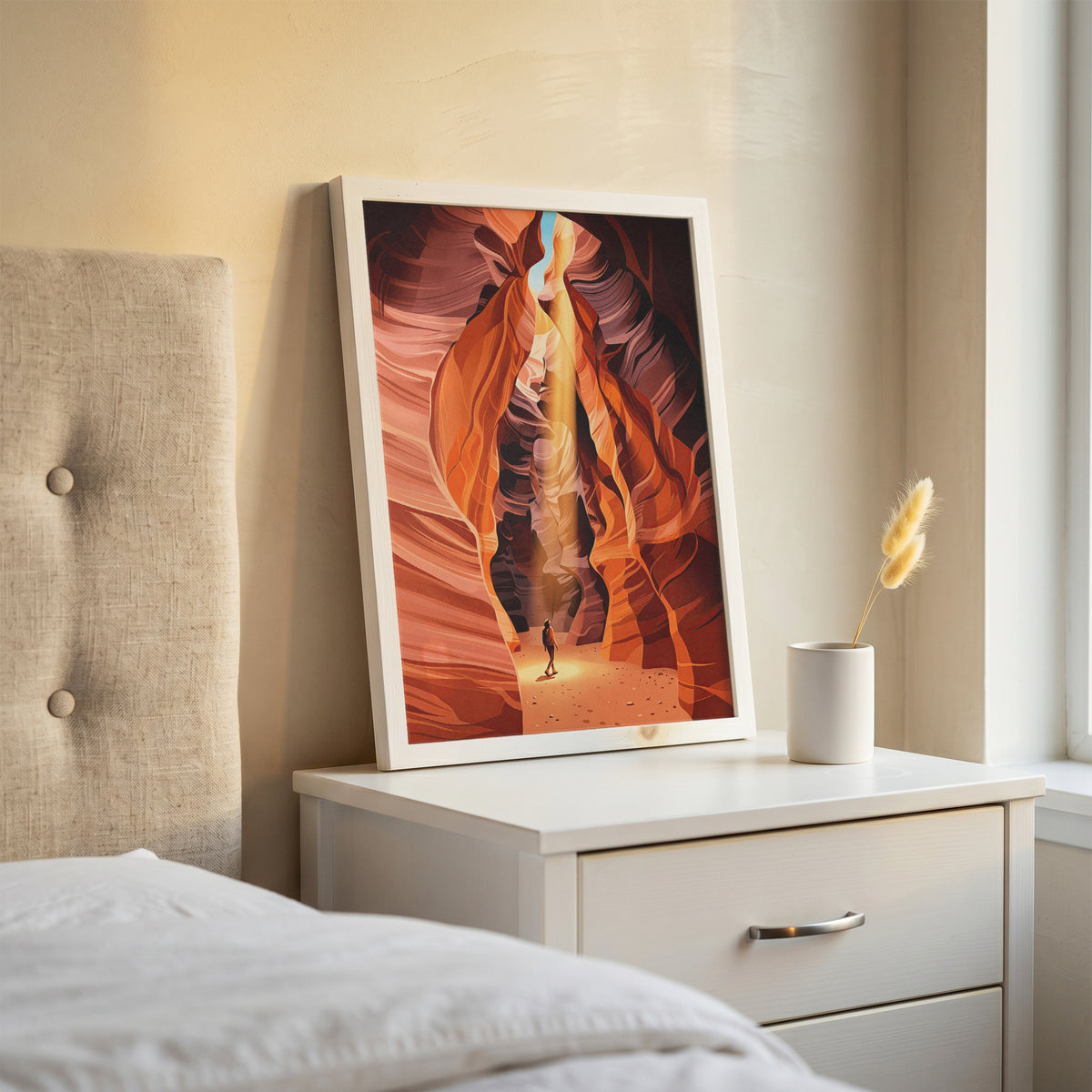 Antelope Canyon Hiker Under Sunlight Beam Art Print