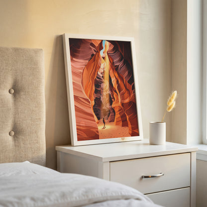 Antelope Canyon Hiker Under Sunlight Beam Art Print