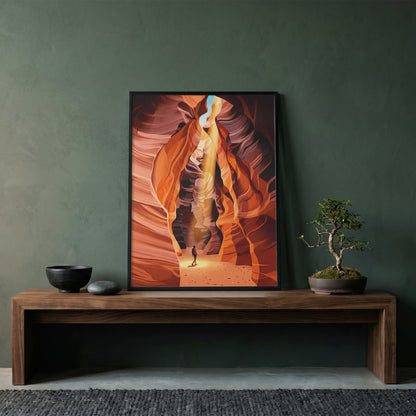Antelope Canyon Hiker Under Sunlight Beam Art Print