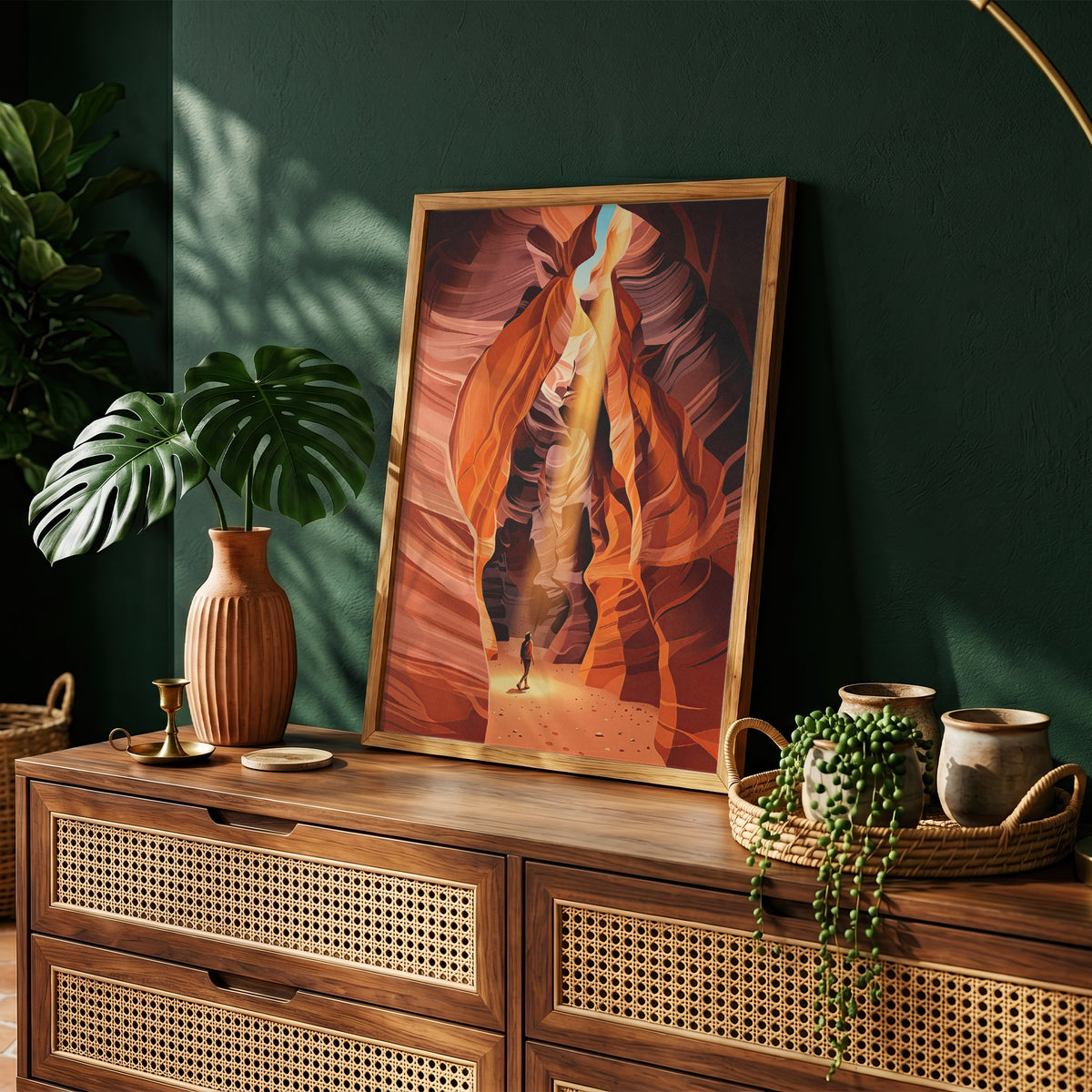 Antelope Canyon Hiker Under Sunlight Beam Art Print