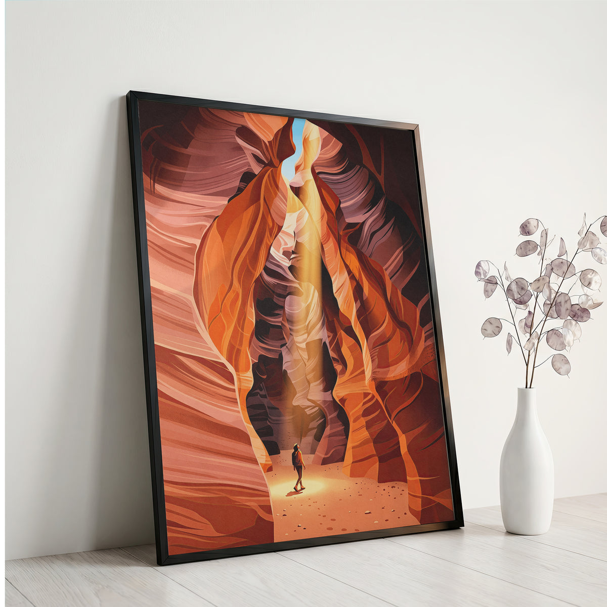 Antelope Canyon Hiker Under Sunlight Beam Art Print