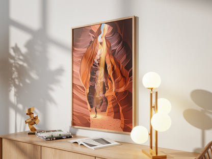 Antelope Canyon Hiker Under Sunlight Beam Art Print