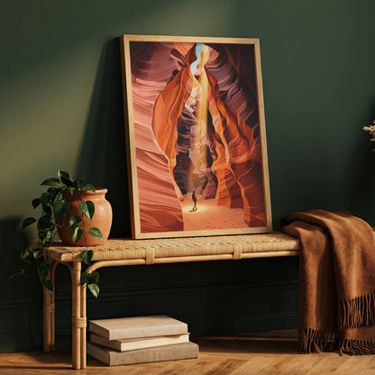 Antelope Canyon Hiker Under Sunlight Beam Art Print