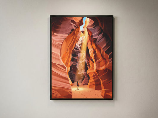 Antelope Canyon Hiker Under Sunlight Beam Art Print