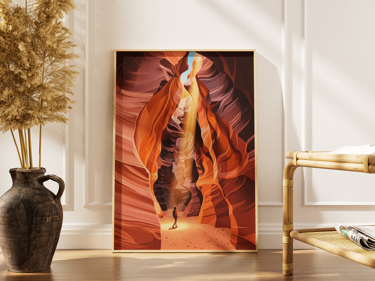 Antelope Canyon Hiker Under Sunlight Beam Art Print