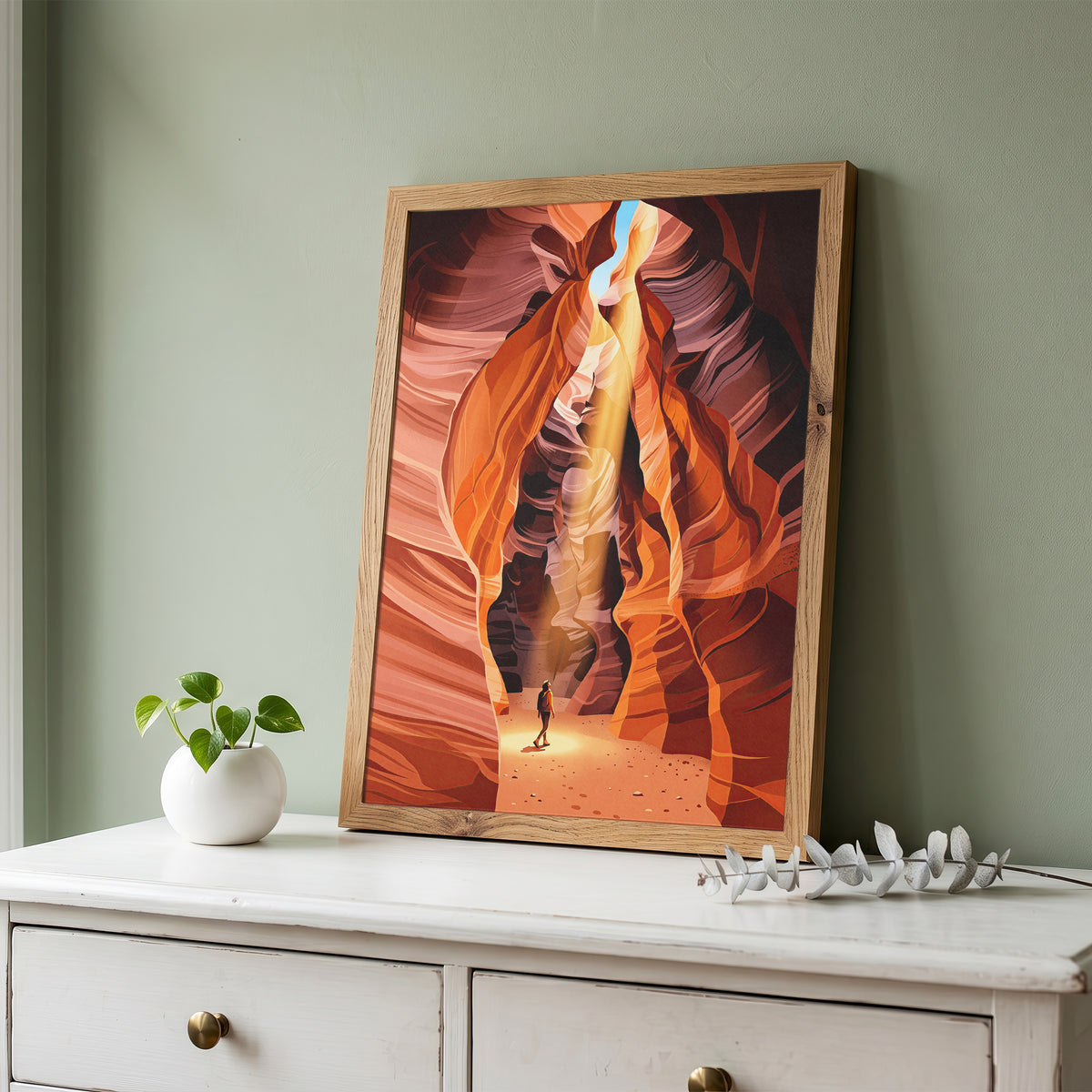 Antelope Canyon Hiker Under Sunlight Beam Art Print