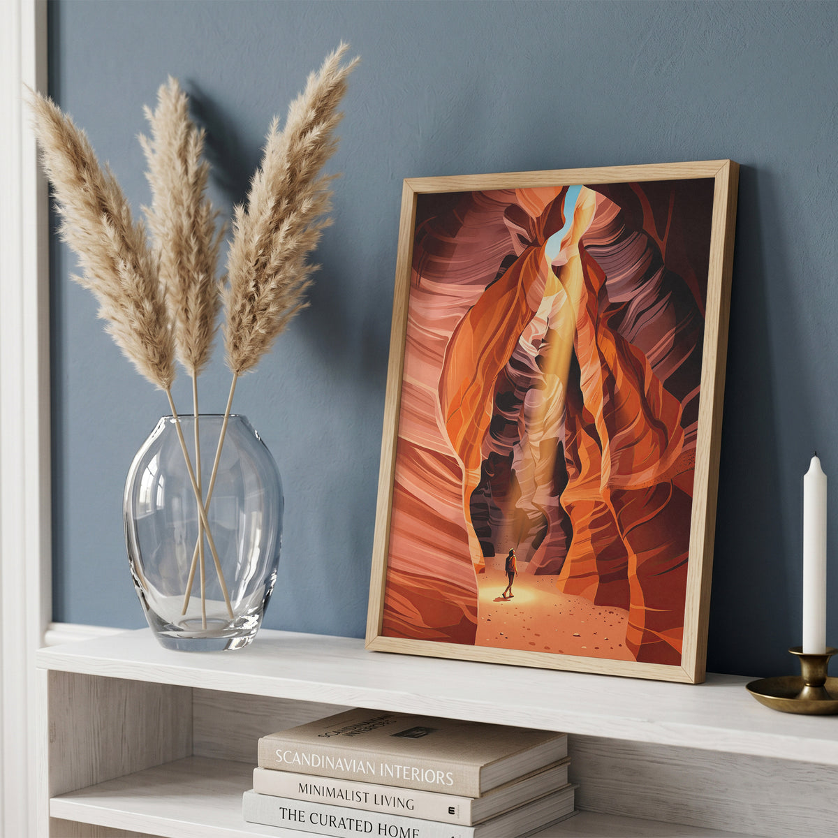 Antelope Canyon Hiker Under Sunlight Beam Art Print