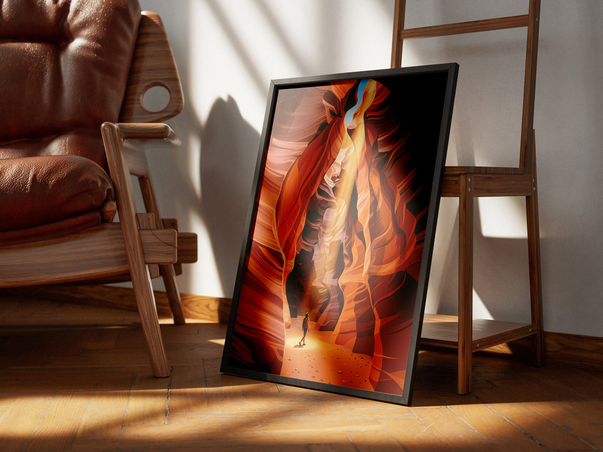 Antelope Canyon Hiker Under Sunlight Beam Art Print