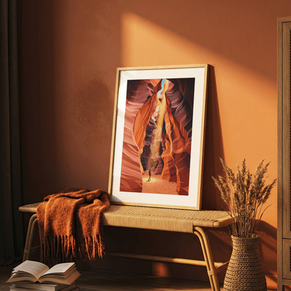 Antelope Canyon Hiker Under Sunlight Beam Art Print