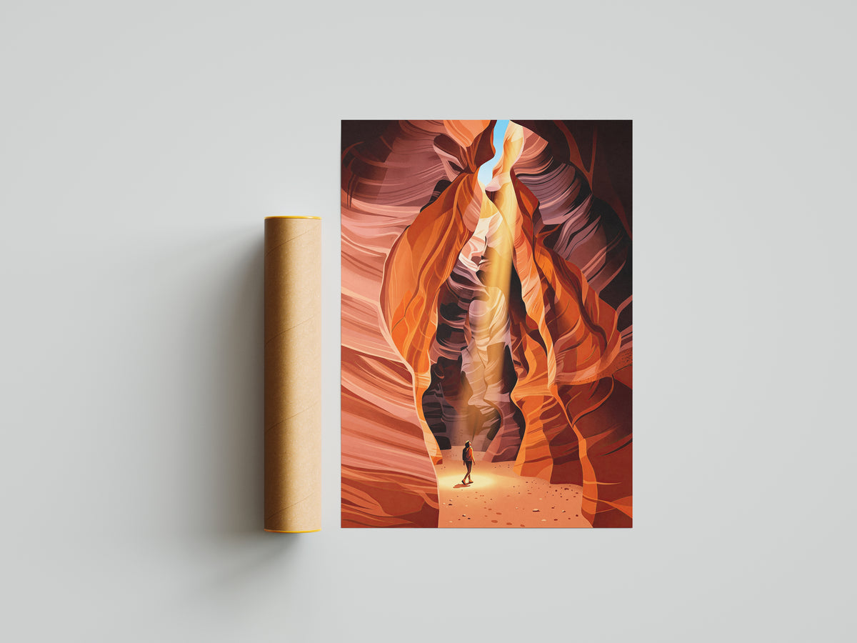 Antelope Canyon Hiker Under Sunlight Beam Art Print