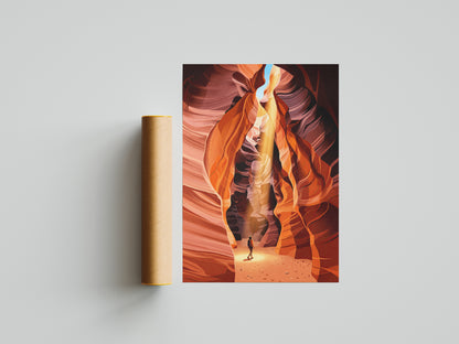 Antelope Canyon Hiker Under Sunlight Beam Art Print