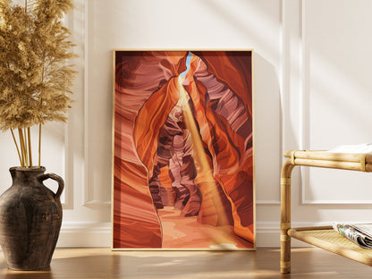 Antelope Canyon Sunbeam Slot Canyon Art Print, Arizona Swirling Red Sandstone, Southwest Nature Poster