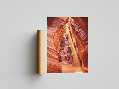 Antelope Canyon Sunbeam Slot Canyon Art Print, Arizona Swirling Red Sandstone, Southwest Nature Poster