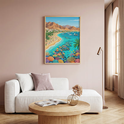 Aqaba Jordan Retro Travel Poster, Red Sea Coast Turquoise Water & Palm Trees Vintage Wall Art