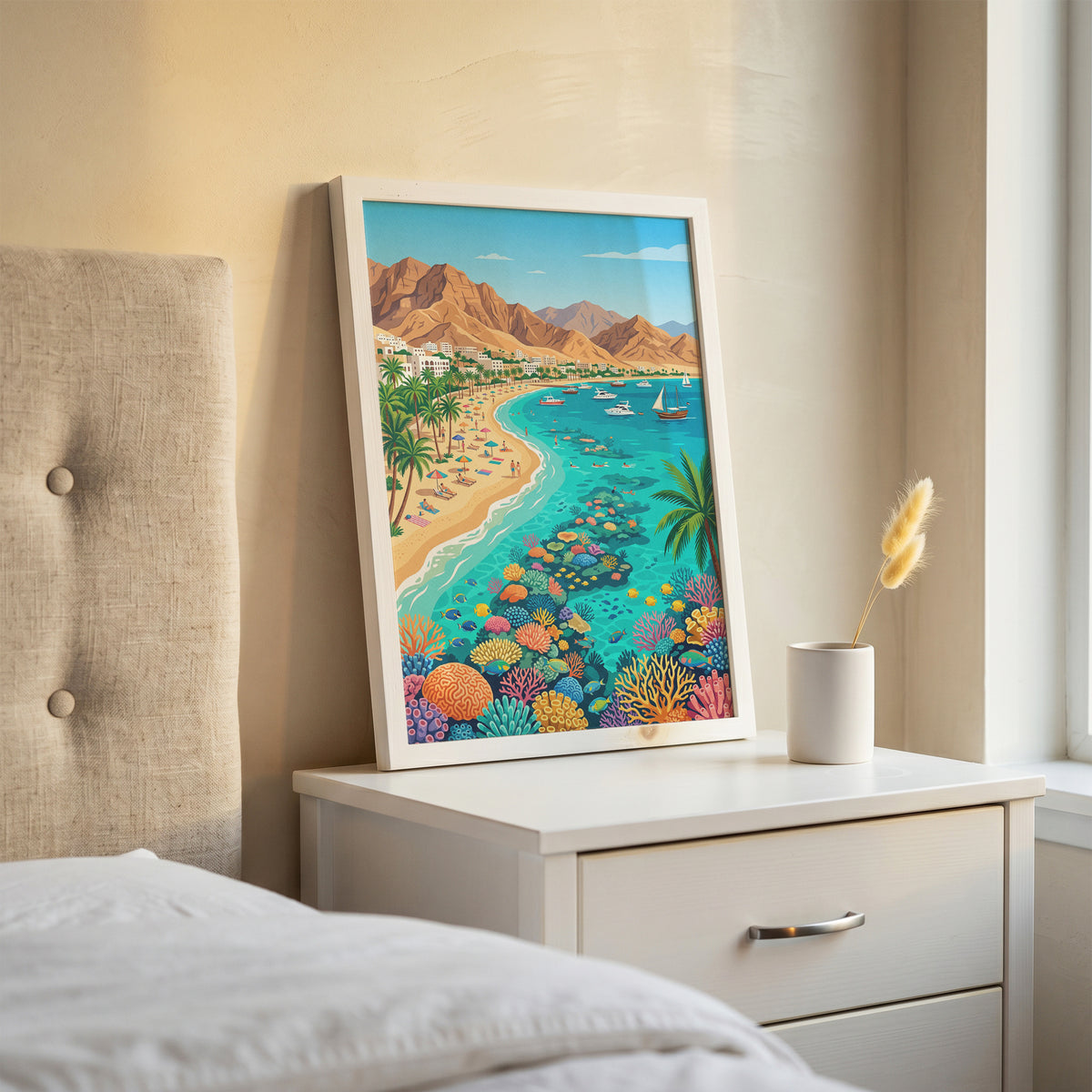 Aqaba Jordan Retro Travel Poster, Red Sea Coast Turquoise Water & Palm Trees Vintage Wall Art