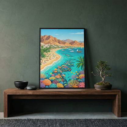 Aqaba Jordan Retro Travel Poster, Red Sea Coast Turquoise Water & Palm Trees Vintage Wall Art