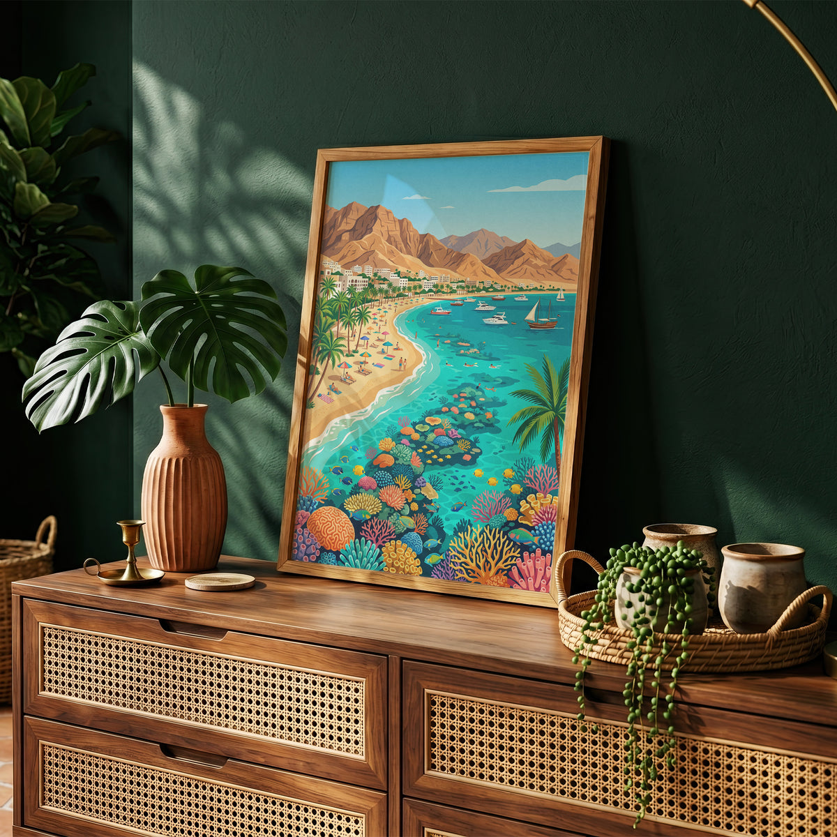 Aqaba Jordan Retro Travel Poster, Red Sea Coast Turquoise Water & Palm Trees Vintage Wall Art