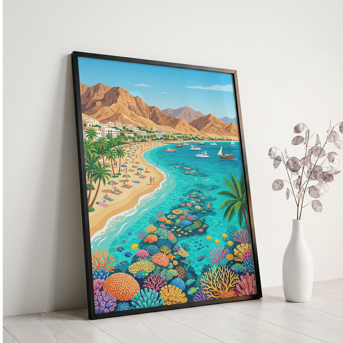 Aqaba Jordan Retro Travel Poster, Red Sea Coast Turquoise Water & Palm Trees Vintage Wall Art