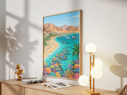 Aqaba Jordan Retro Travel Poster, Red Sea Coast Turquoise Water & Palm Trees Vintage Wall Art