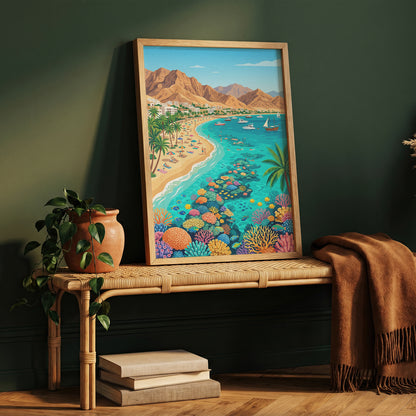 Aqaba Jordan Retro Travel Poster, Red Sea Coast Turquoise Water & Palm Trees Vintage Wall Art