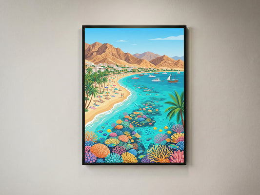 Aqaba Jordan Retro Travel Poster, Red Sea Coast Turquoise Water & Palm Trees Vintage Wall Art