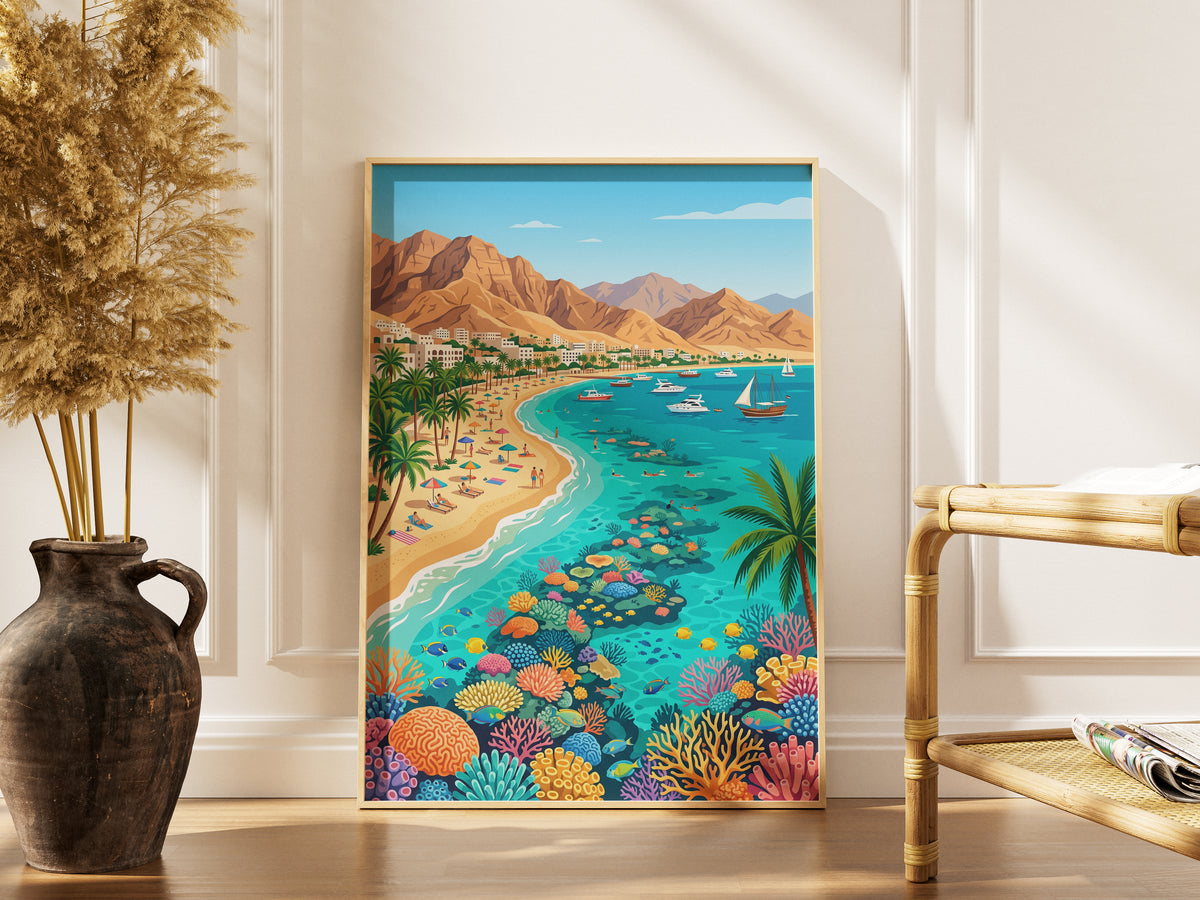 Aqaba Jordan Retro Travel Poster, Red Sea Coast Turquoise Water & Palm Trees Vintage Wall Art