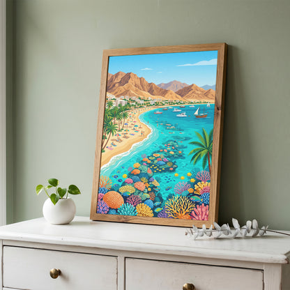 Aqaba Jordan Retro Travel Poster, Red Sea Coast Turquoise Water & Palm Trees Vintage Wall Art