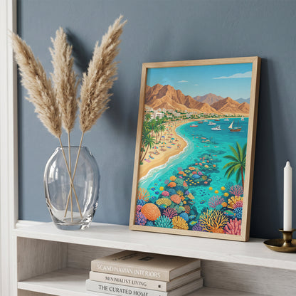 Aqaba Jordan Retro Travel Poster, Red Sea Coast Turquoise Water & Palm Trees Vintage Wall Art