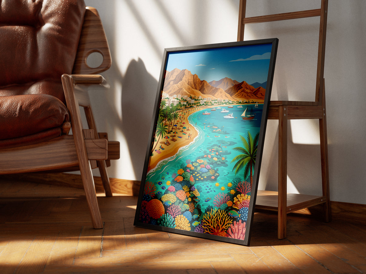 Aqaba Jordan Retro Travel Poster, Red Sea Coast Turquoise Water & Palm Trees Vintage Wall Art