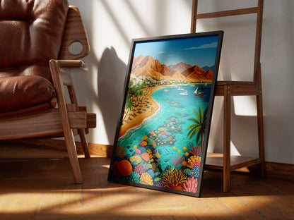 Aqaba Jordan Retro Travel Poster, Red Sea Coast Turquoise Water & Palm Trees Vintage Wall Art