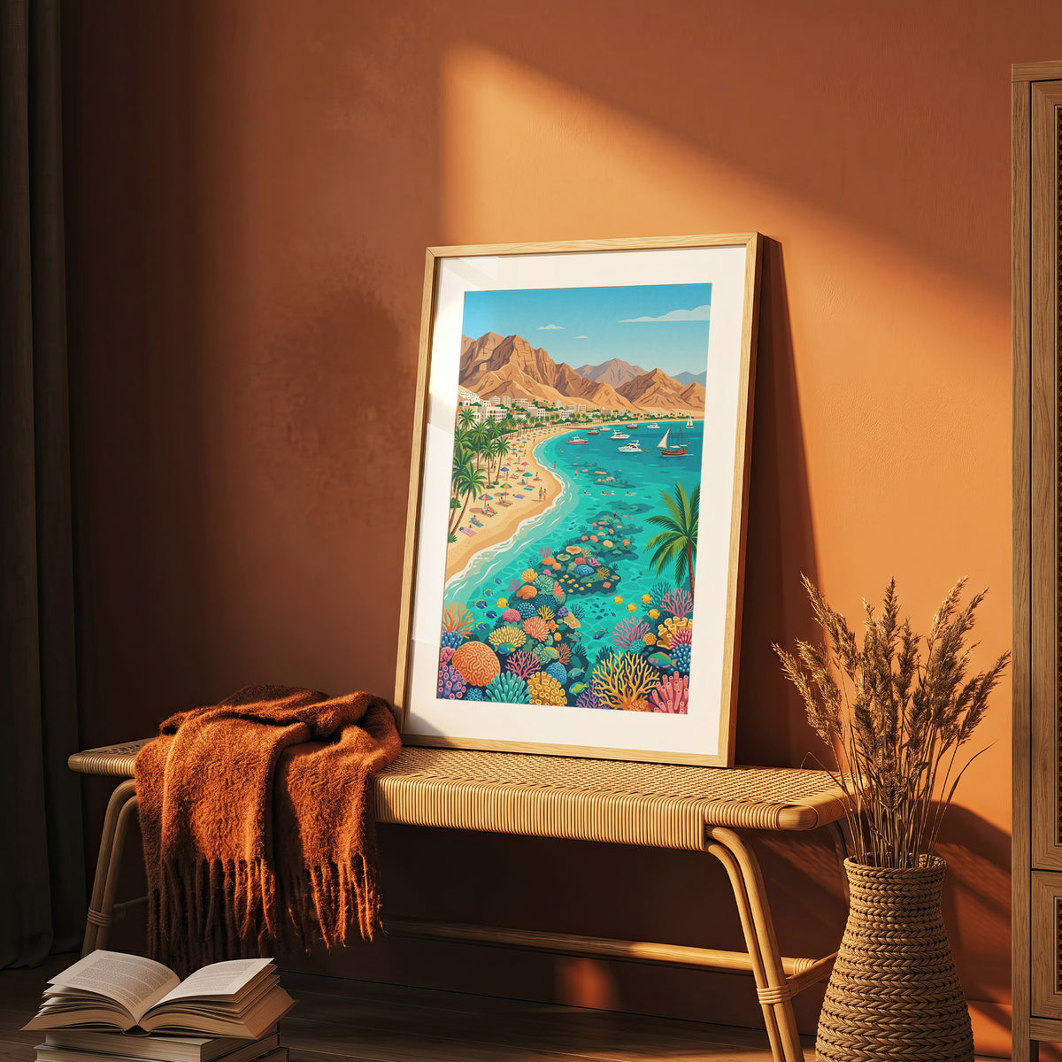 Aqaba Jordan Retro Travel Poster, Red Sea Coast Turquoise Water & Palm Trees Vintage Wall Art