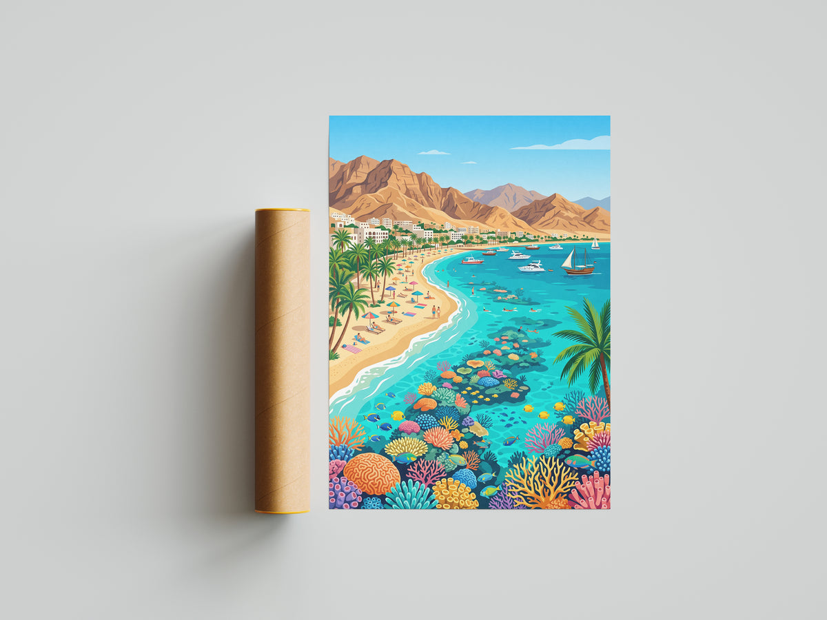 Aqaba Jordan Retro Travel Poster, Red Sea Coast Turquoise Water & Palm Trees Vintage Wall Art