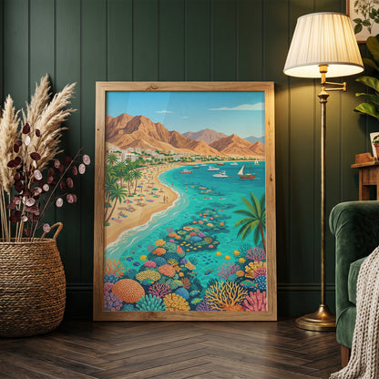 Aqaba Jordan Retro Travel Poster, Red Sea Coast Turquoise Water & Palm Trees Vintage Wall Art