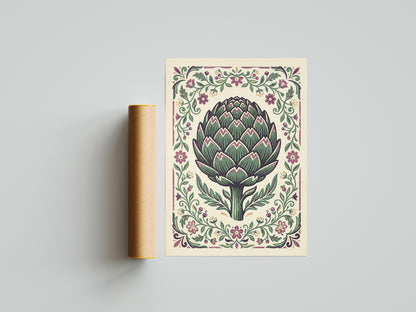 Vintage Botanical Artichoke Stem Study Art Print