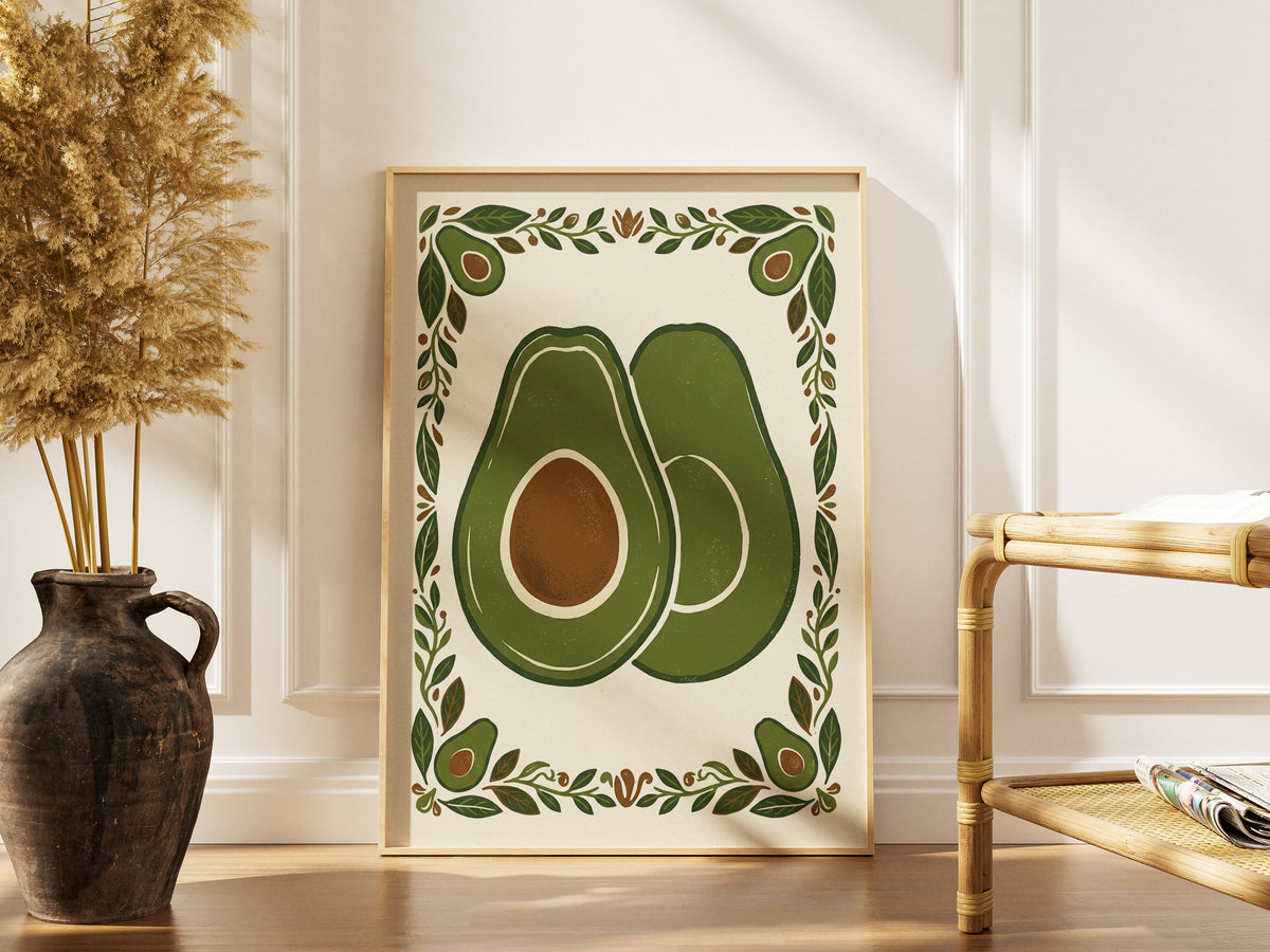 Vintage Avocado Botanical Slice Print - Rustic Kitchen Poster