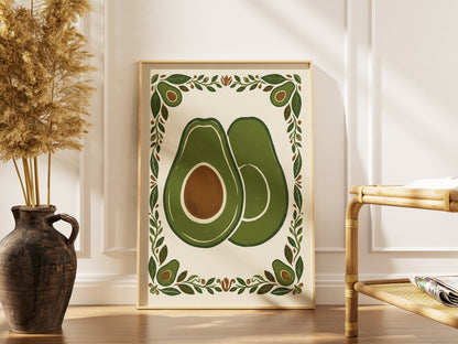 Vintage Avocado Botanical Slice Print - Rustic Kitchen Poster