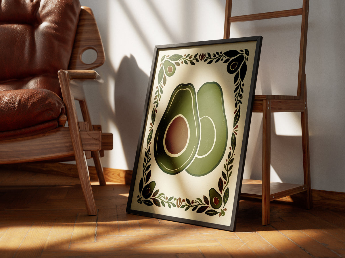 Vintage Avocado Botanical Slice Print - Rustic Kitchen Poster