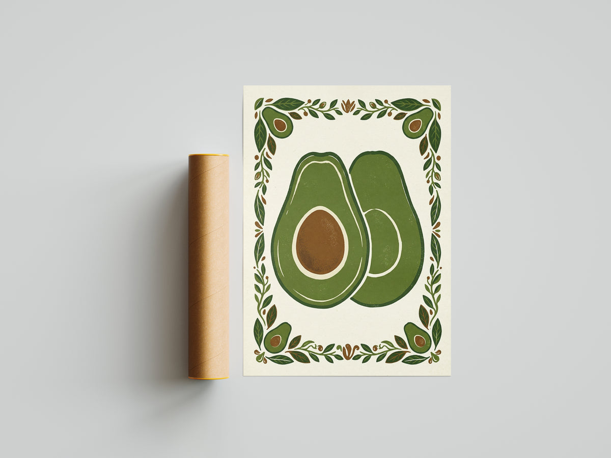 Vintage Avocado Botanical Slice Print - Rustic Kitchen Poster